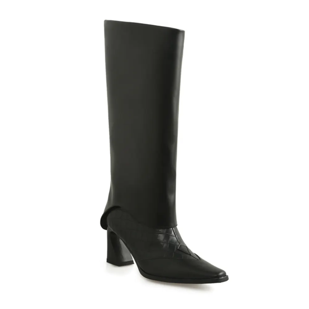 70mm Shaped Heel Square Toe Boots Black-vocosishoes