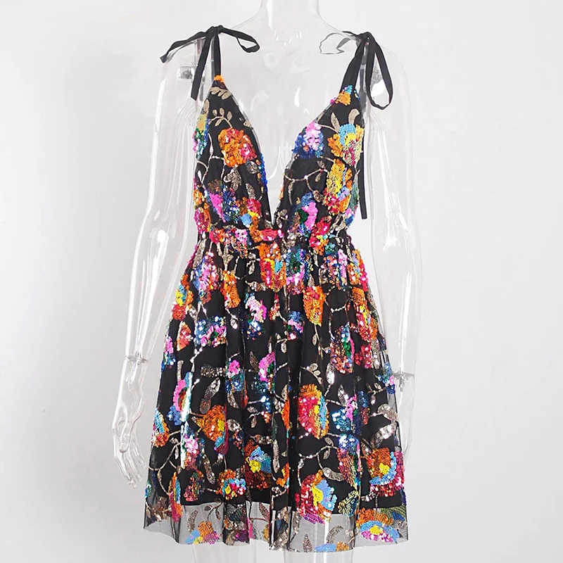 Sexy Women's Deep V Sequin Printed Party Dress Summer Fashion Backless Lace Up Mini Dress