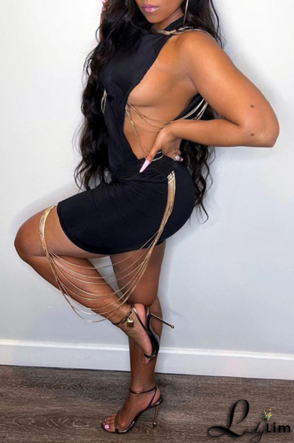 Black Casual Solid Chains O Neck Pencil Skirt Dresses