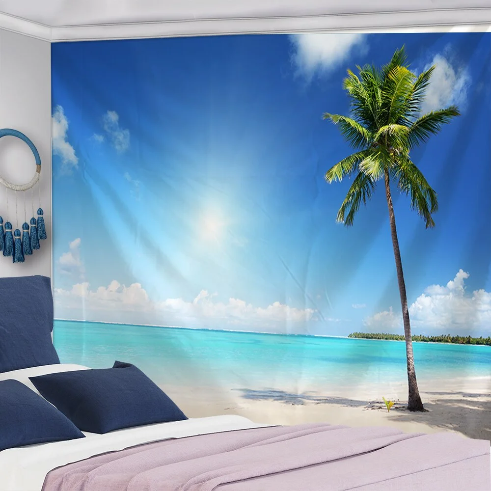 seaview room Tapestry Sea Coconut Tree Wall Hanging Beach Tapestries 3D Printed Large Wall Tapestry Boho Hippie Home Decor