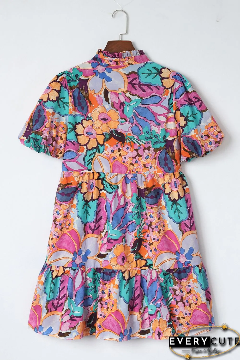 Multicolor Floral Print V Neck Puff Sleeve Mini Dress