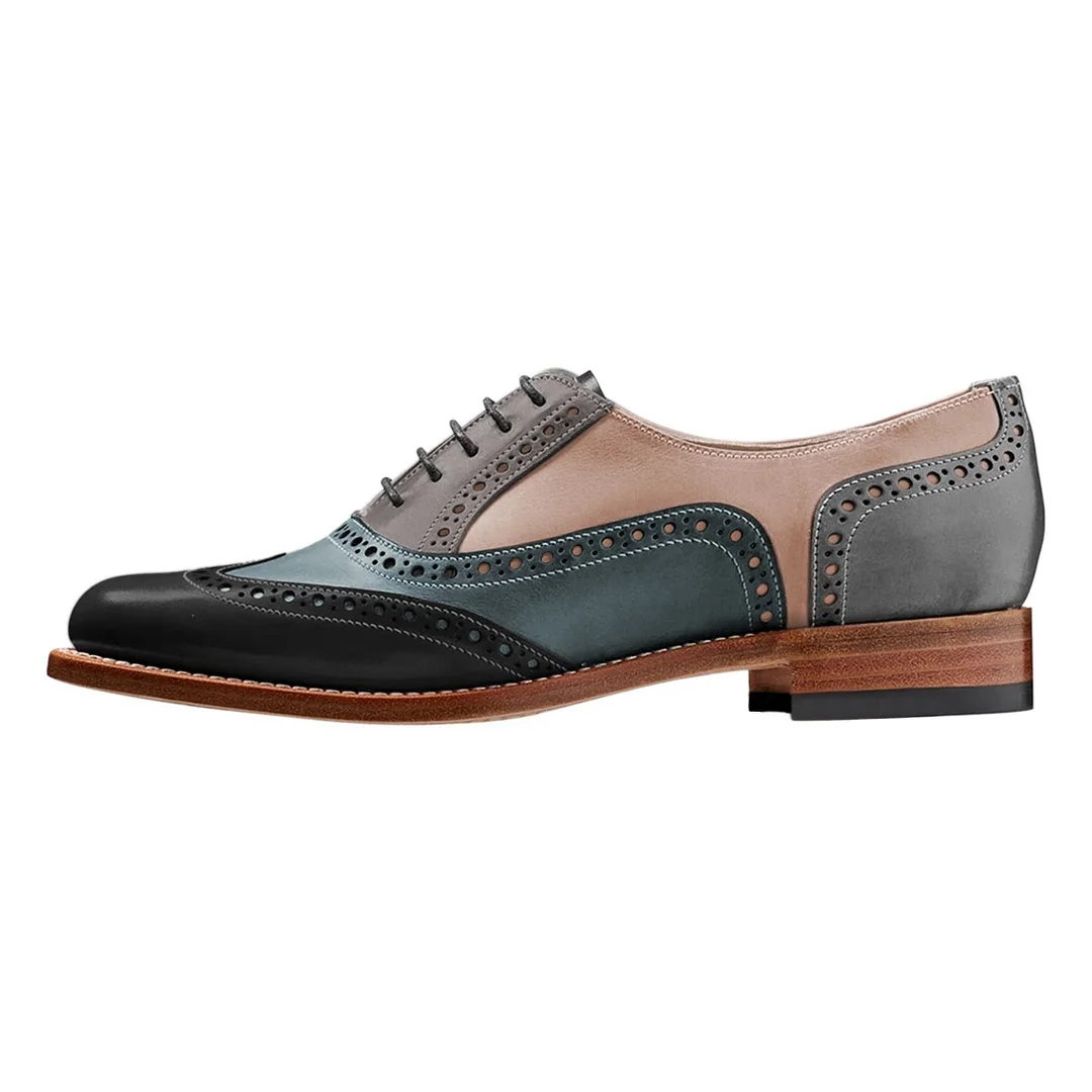 Multicolor Round Toe Perforated Patterns Lace-Up Women's Oxfords