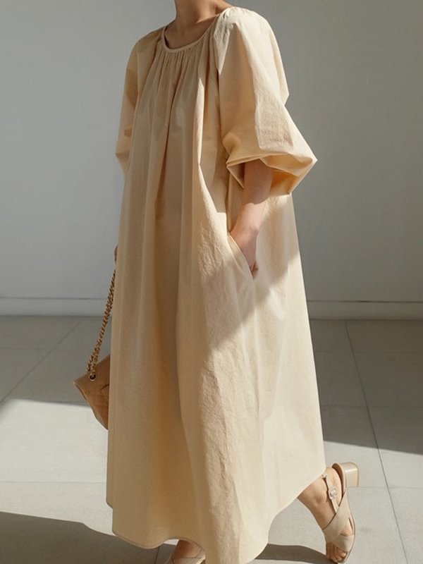 Original Casual Loose Solid Color Pleated Puff Sleeves Midi Dress