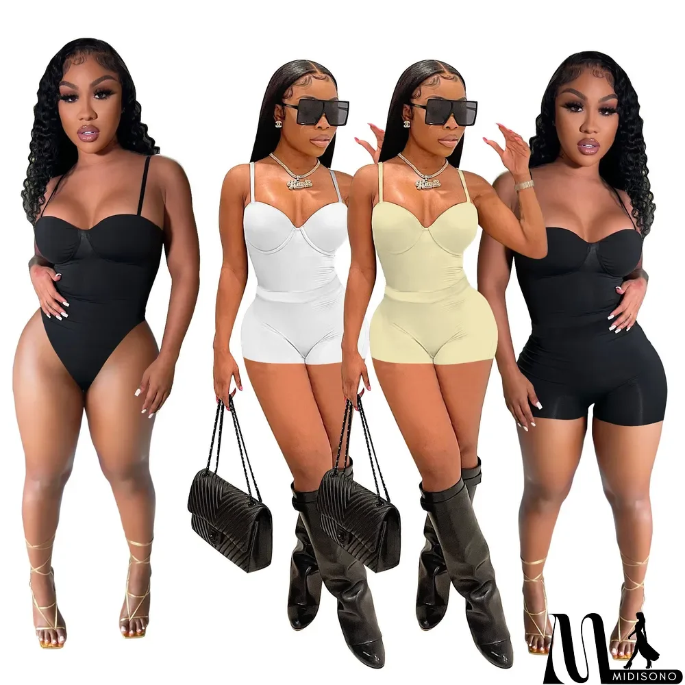 MidiSono - Sexy Low-cut Suspender One-piece Shorts Two-piece Suit