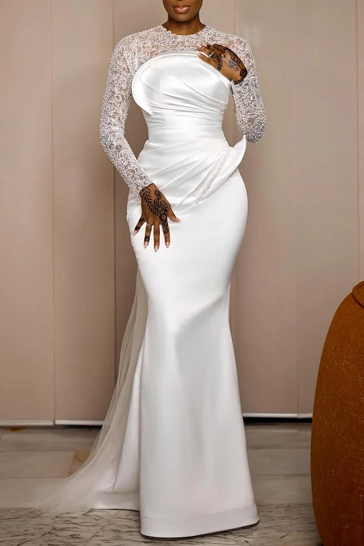 Plus Size Wedding White Round Neck Long Sleeve Ruffled Elegant Contrast Lace Satin Maxi Dresses [Pre-Order] 2024 - Xpluswear