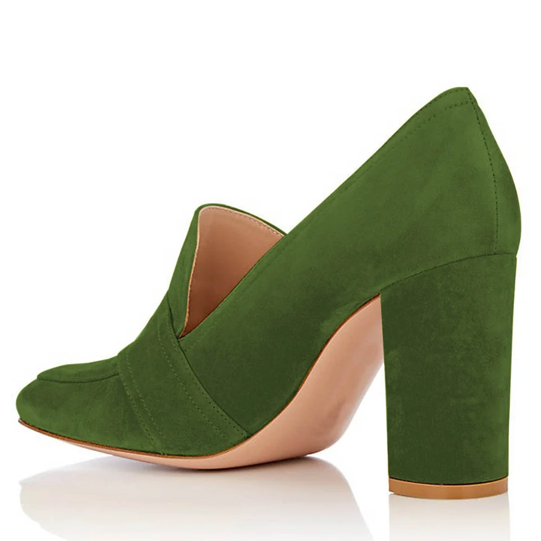 Green Vegan Suede Square Toe Buckle Chunky Heeled Loafers Women