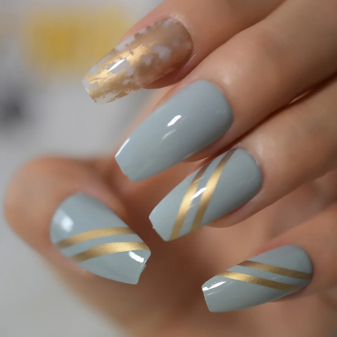 Clear Matte Base Press On Nail Gorgeous Gold Fire Flame Pattern Fashion Ballerina False Nails Extra Long 24-Nail Inspo