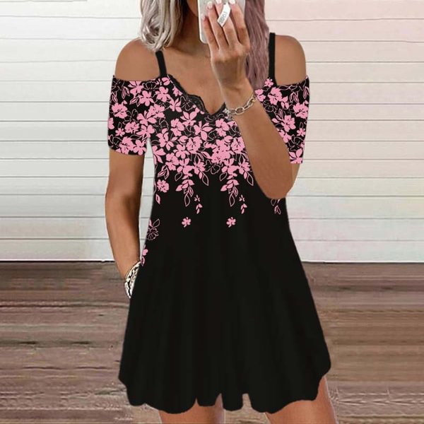 Women's Dress Summer New Fashion Lace V-neck Flower Printed Sexy Casual Short Sleeve Strapless Dress Loose Soft and Comfortable Plus Size Dress S-5XL - Shop Trendy Women's Clothing | LoverChic