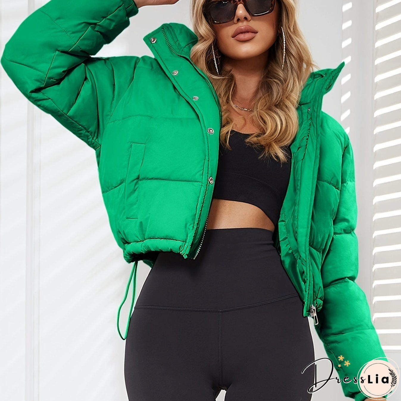 Solid Drawstring Pleated Slim Coat-Long Sleeve-Womens Clothing