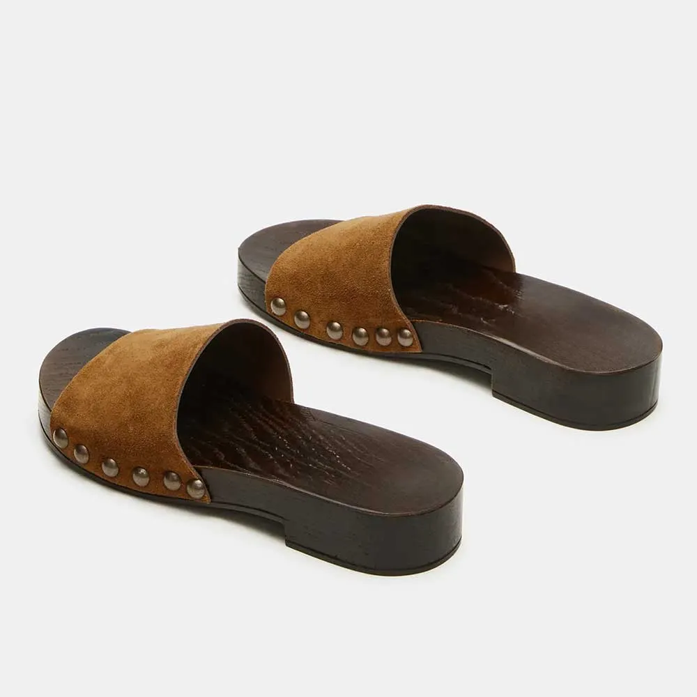 Women's Brown Vegan Suede Round Toe Chunky Heel Studded Slides Shoes