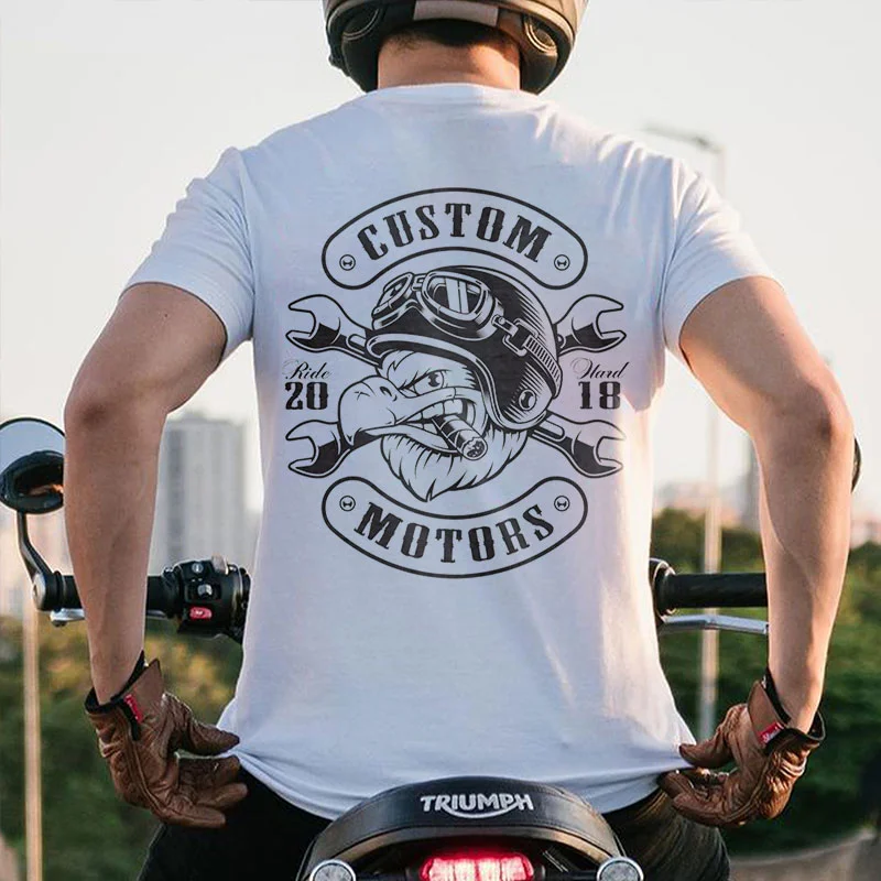 CUSTOM MOTORS Eagle with Helmet White Print T-shirt