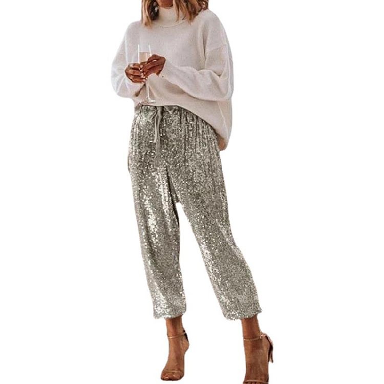 Ruffled High Waist Drawstring Sequined Pants(3 colors)