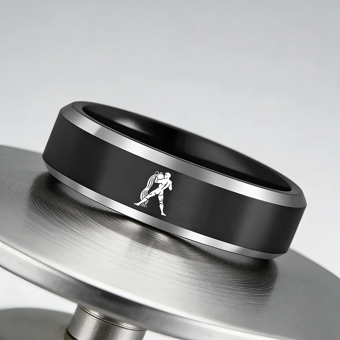 Beveled Edges Black Laser Etched Tungsten Carbide Rings Black Aquarius Couple Wedding Bands 4MM 6MM 8MM Width