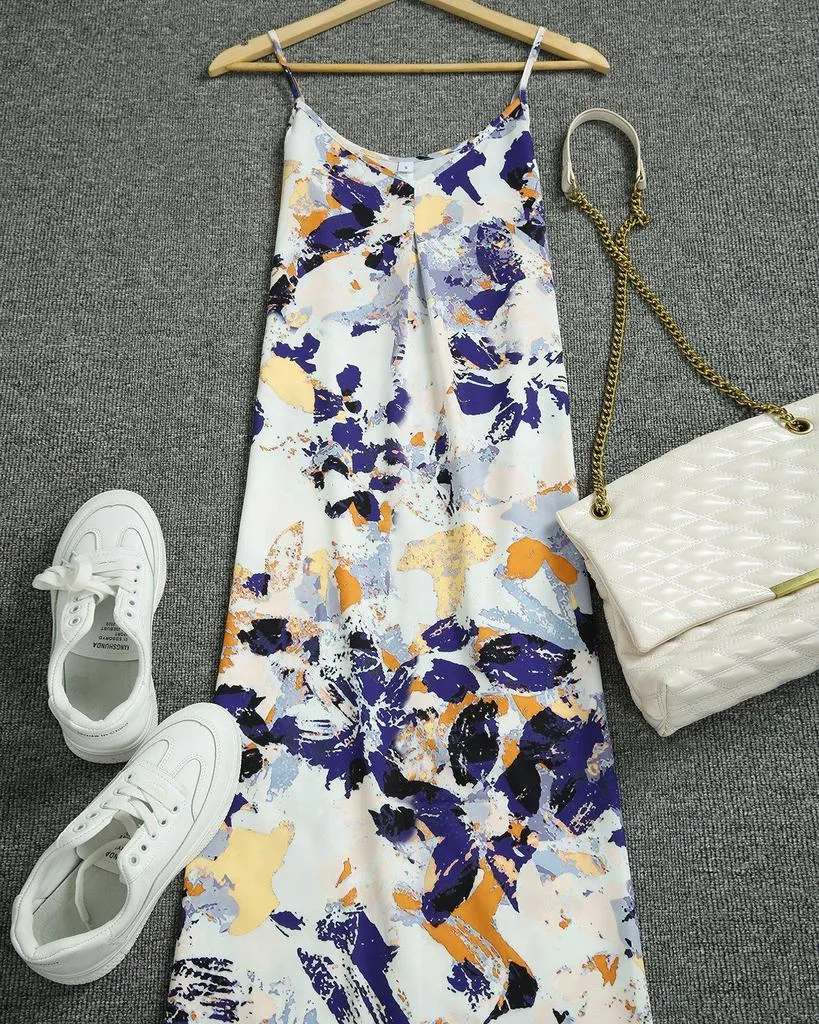 Elegant Spaghetti Straps V-Neck Printed Maxi Dress-vocosishoes