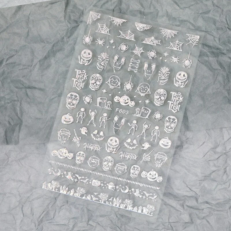 Halloween Nail Art Stickers Laser Black and White Skull Bat Spider Web Pumpkin Sticker Designer 3D Manicure Art Decals 9*16CM