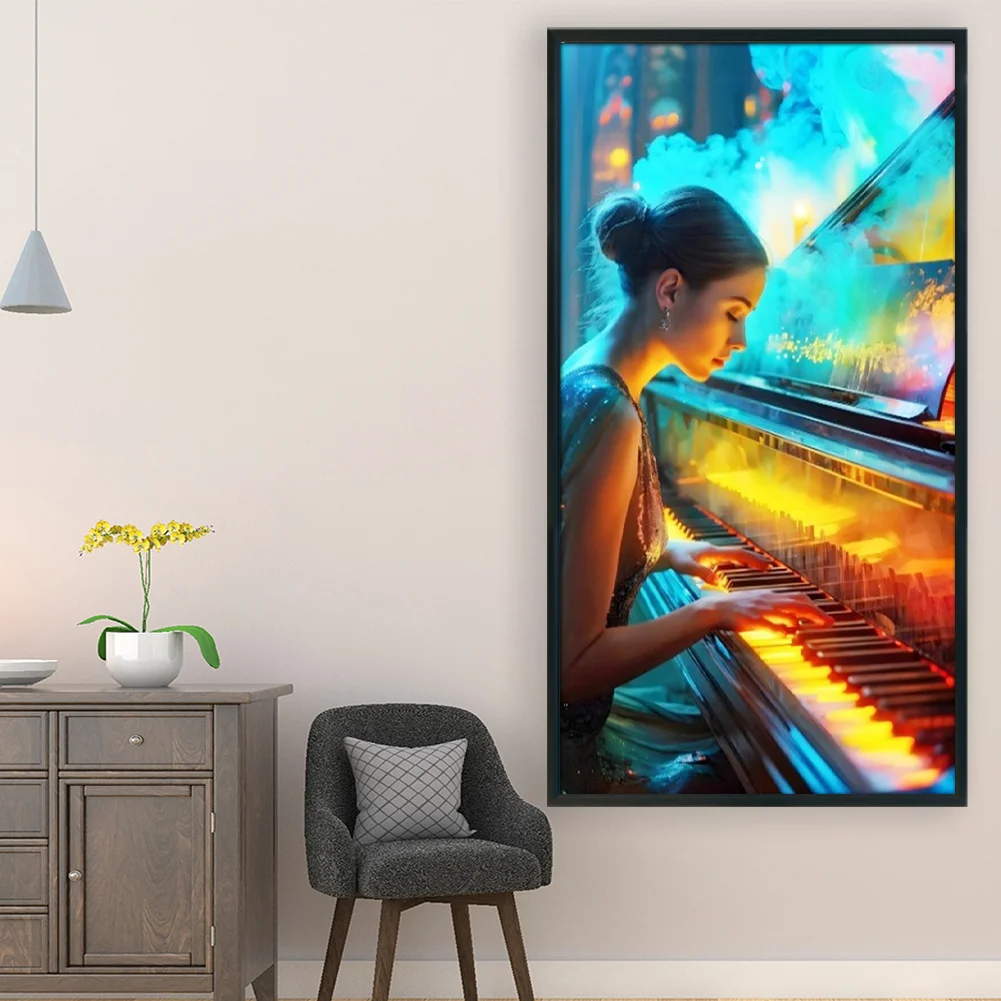 Full Embroidery Eco-cotton Thread 14CT Stamped Cross Stitch - Girl Piano(Canvas|40*70CM)