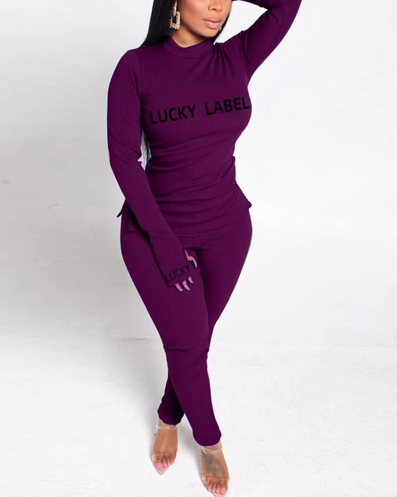 Letter Embroidery Ribbed Thumb Hole Split Hem Top & Pants Set
