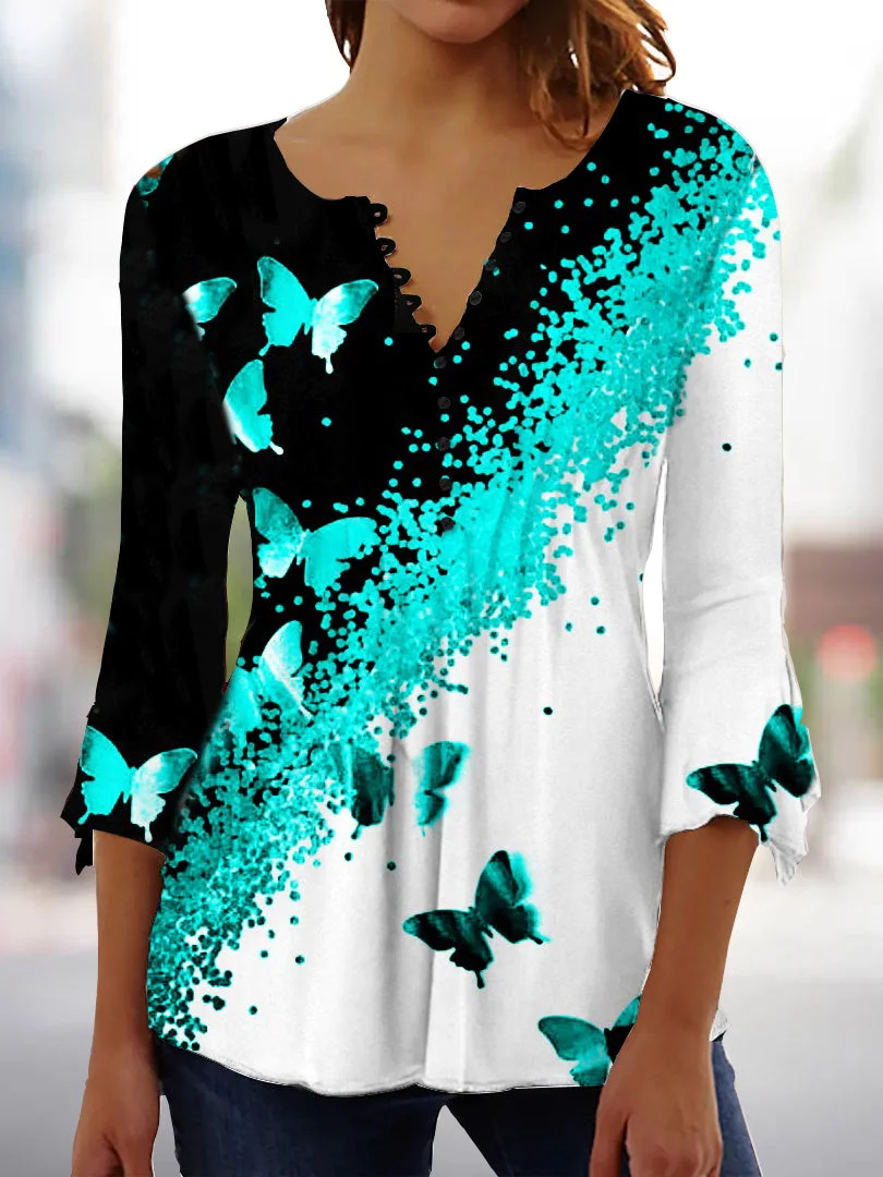 Women's Colorblock Butterflies Printed 3/4 Sleeve V-neck Top