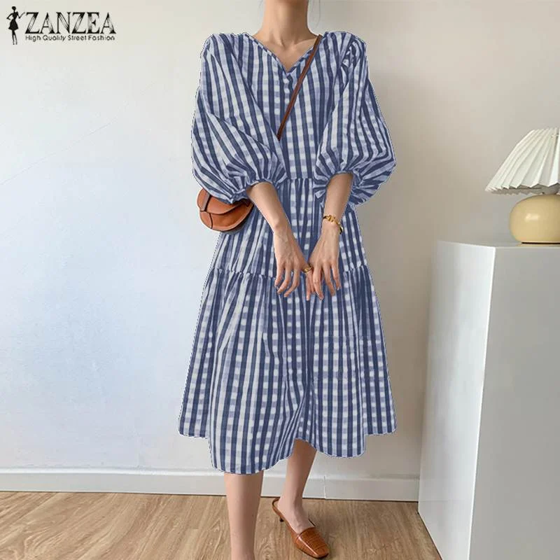 Women Summer Elegant V Neck Puff Sleeve Sundress ZANZEA Fashion Plaid Checked Midi Dress 2022 Casual OL Work Vestido Robe Femme