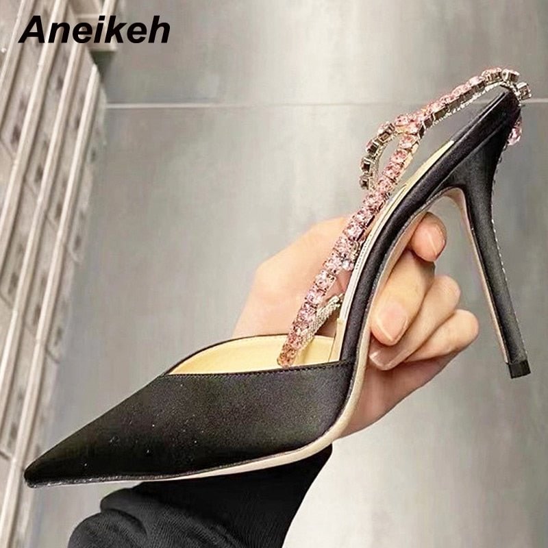 Aneikeh 2021 NEW Summer Silk Ankle Strap Chain Crystal Women's Sandals For Shoes Fashion Shallow Thin Heels Pointed Toe Wedding