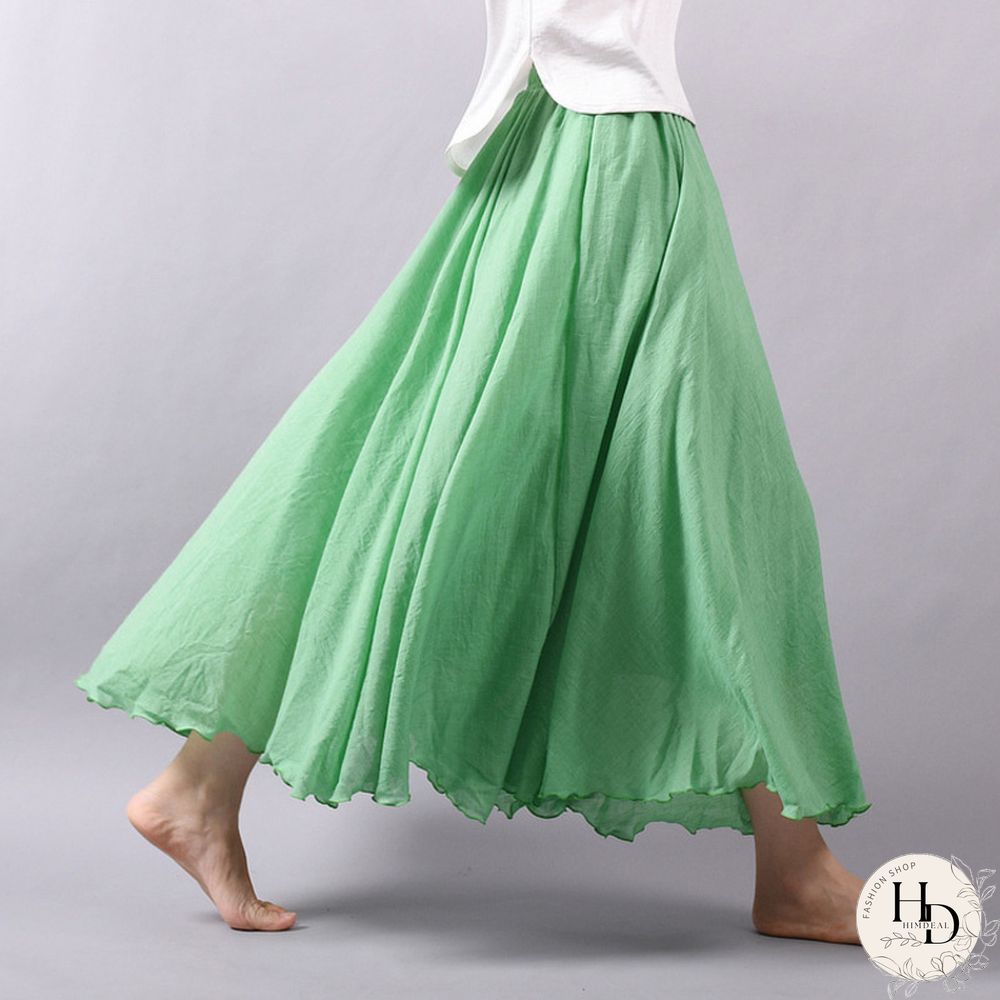 Womens Elegant High Waist Linen Maxi Skirt Summer Ladies Casual Elastic Layers Skirts Saia