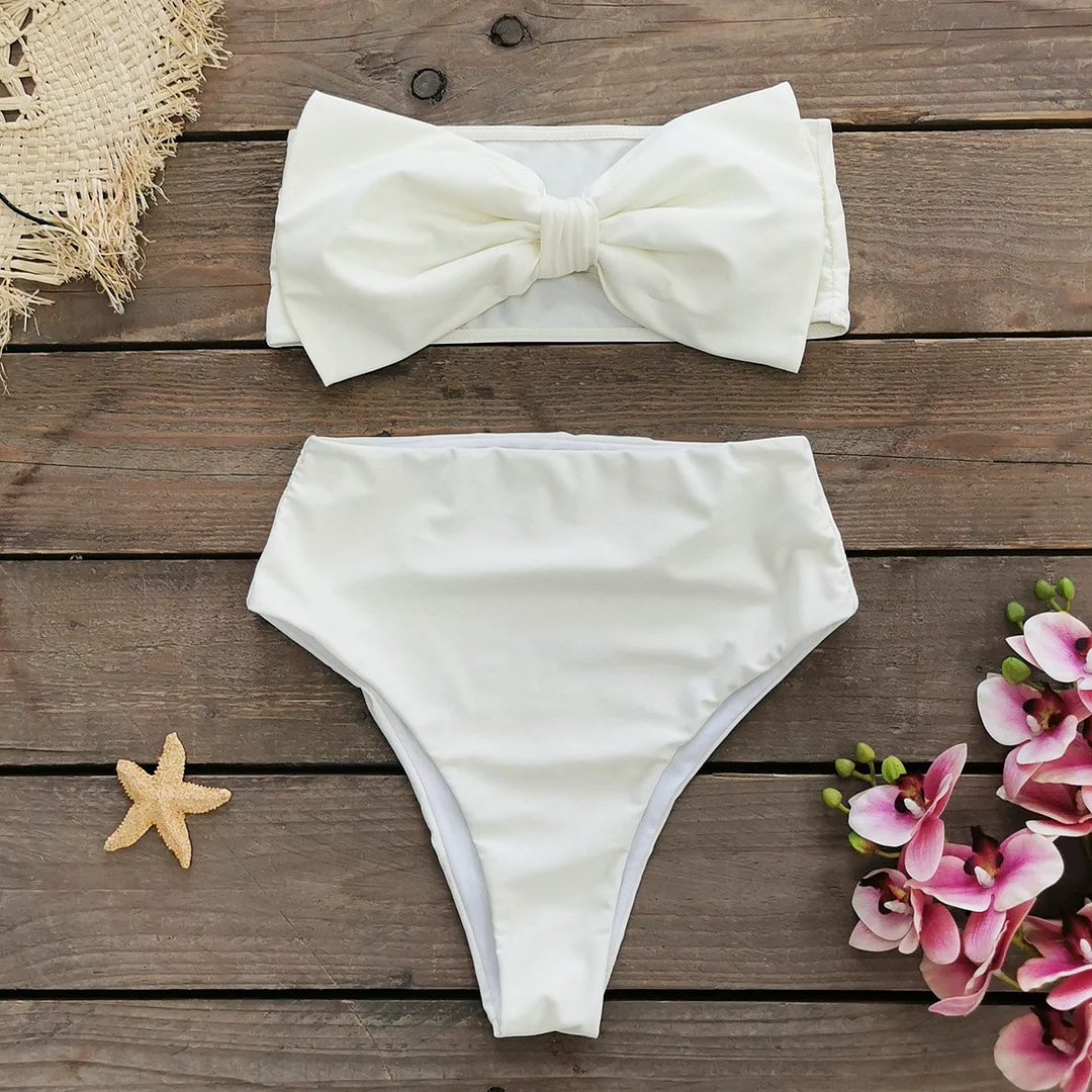 Brownm 2025 New Breast-Smeared Bow High-Waisted Bikini Sexy Bikini Split Swimsuit Woman