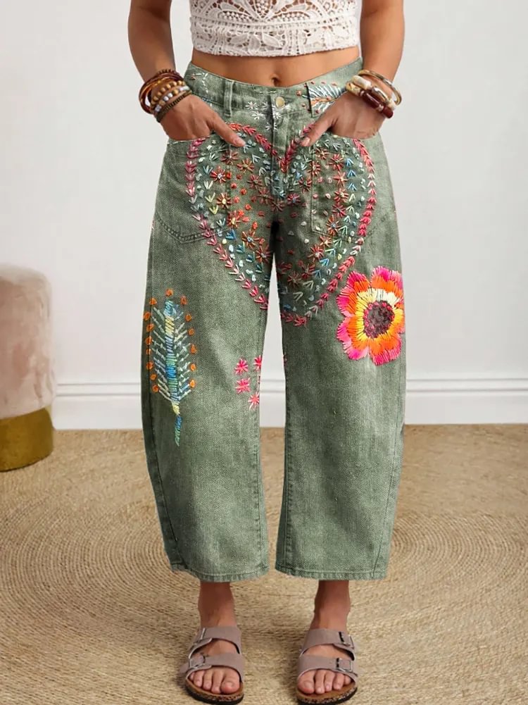 Women's Bohemian Style Heart Floral Art Print Denim Jeans