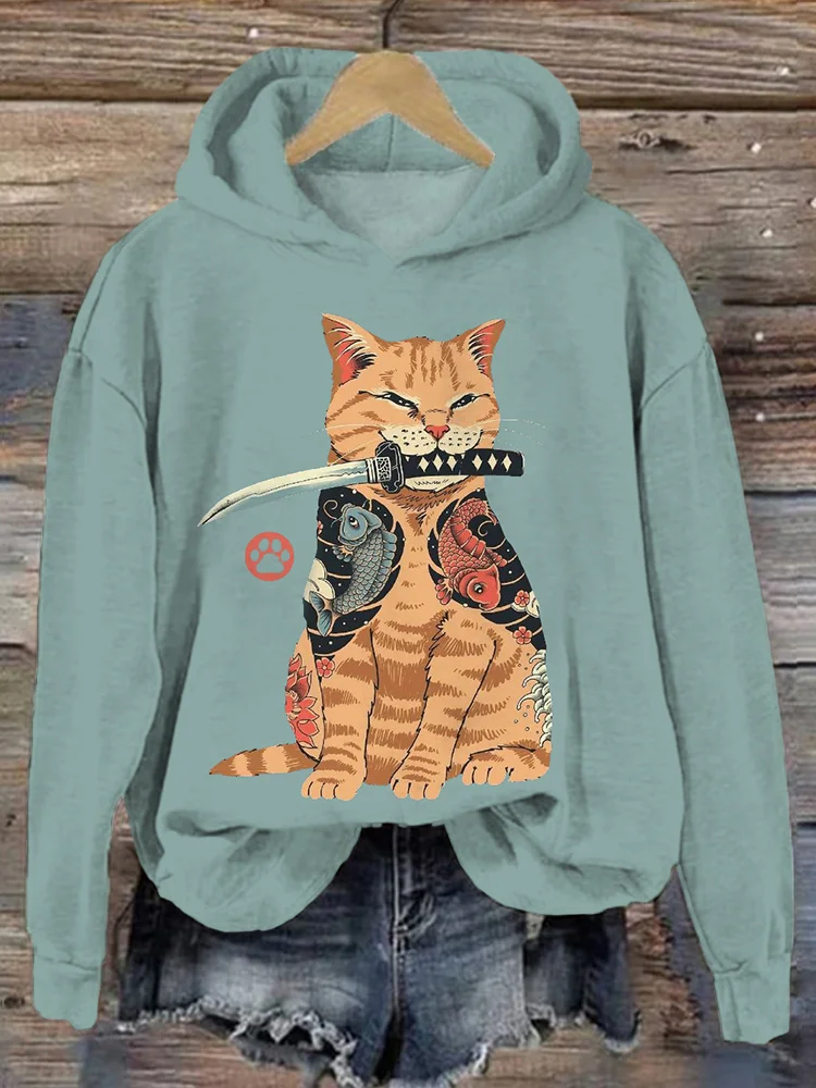 Japanese Samurai Cat Art Vintage Cozy Hoodie