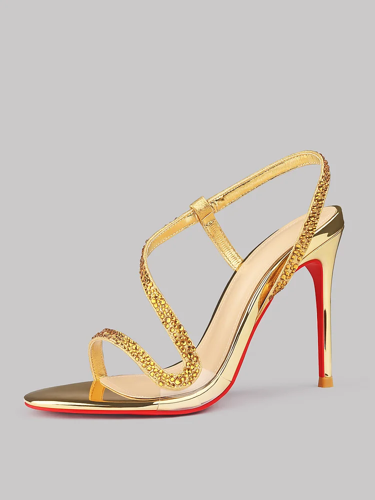 100mm Women's Open Toe Sandals Stiletto Red Bottom Spotlight Wavy Straps High Heels Ankle Strap Shoes