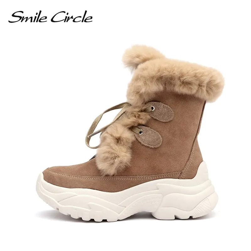 Smile Circle Suede leather Ankle Boots Women Flat platform shoes winter plush Keep warm Thick bottom Short Boots Ladies snow boo