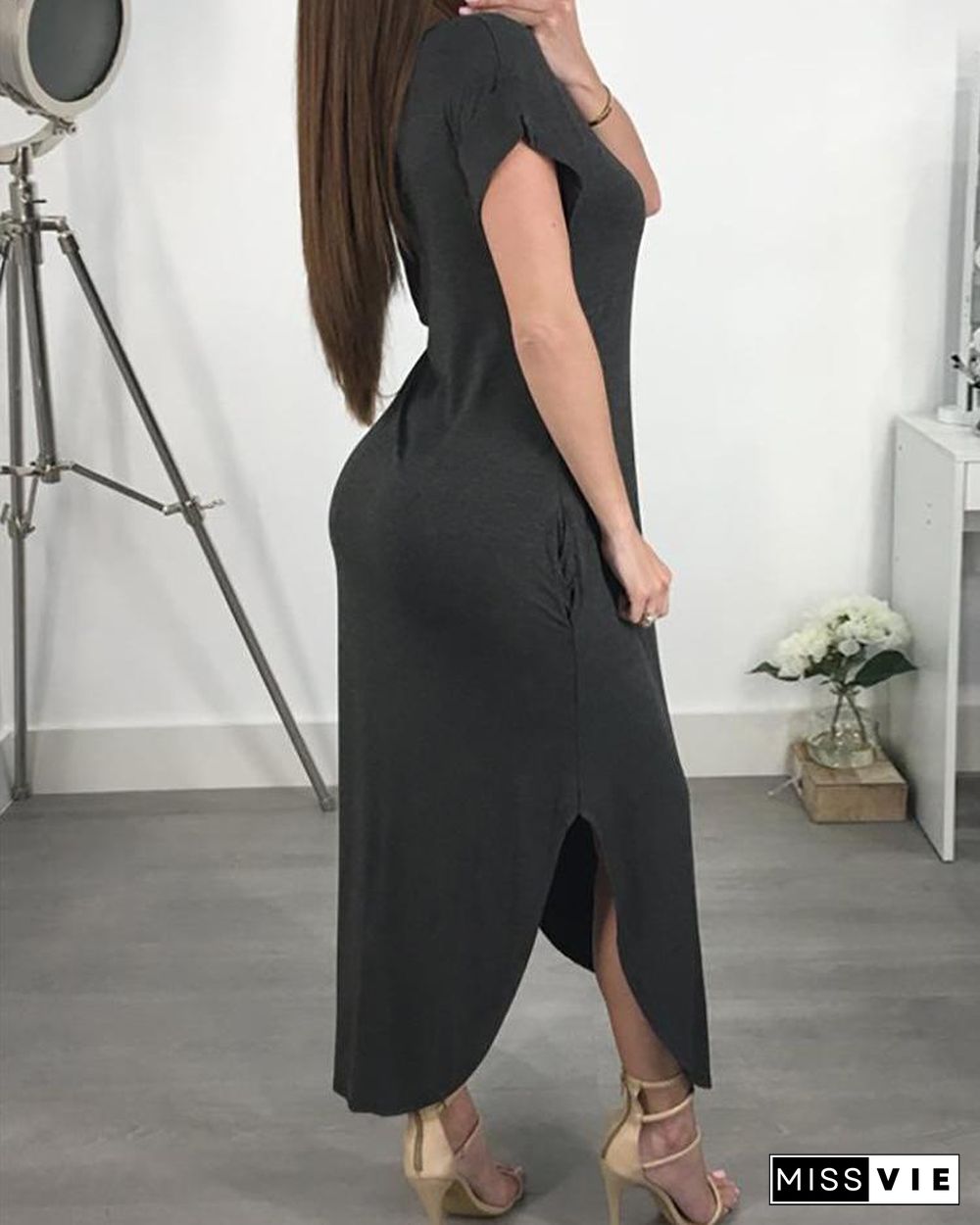 Solid Off Shoulder Slit Irregular Maxi Dress P15227