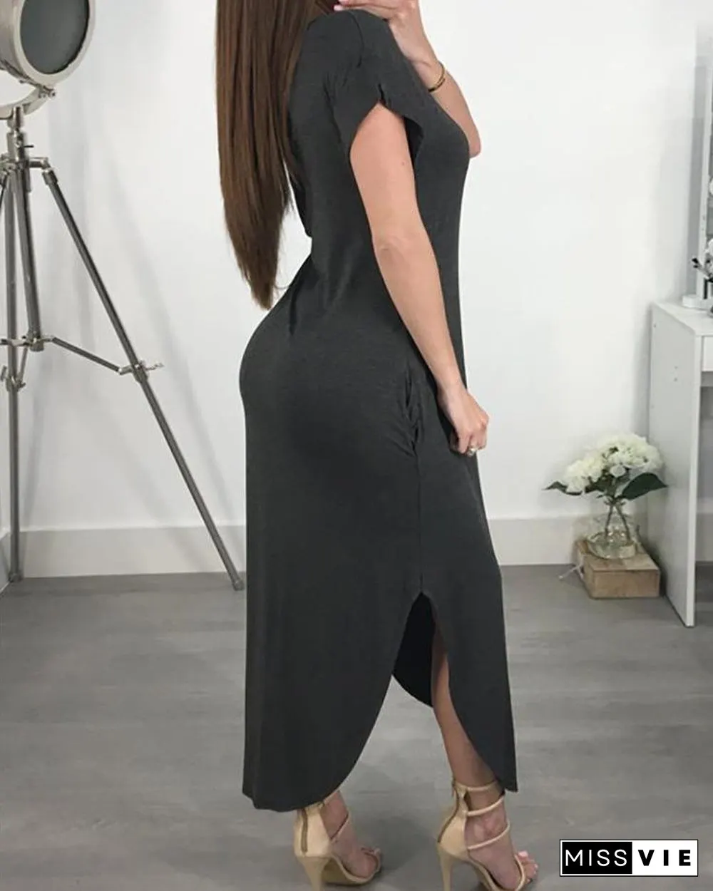 Solid Off Shoulder Slit Irregular Maxi Dress P15227