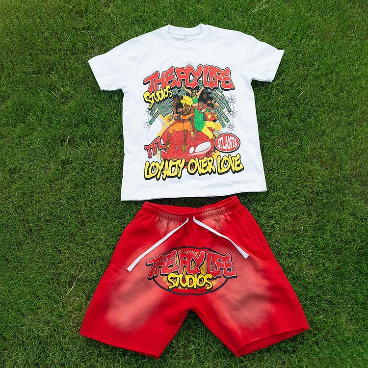 Theflylife - Street Vintage Character Print Pattern Tee & Shorts Two Piece Set SOPULA