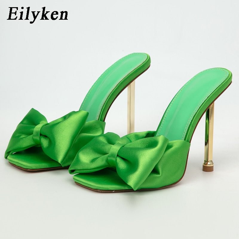 Eilyken 2022 New Arrival Silk Butterfly-knot high heels Women Slippers Sandals Square toe Mule Slippers Slides Party shoes