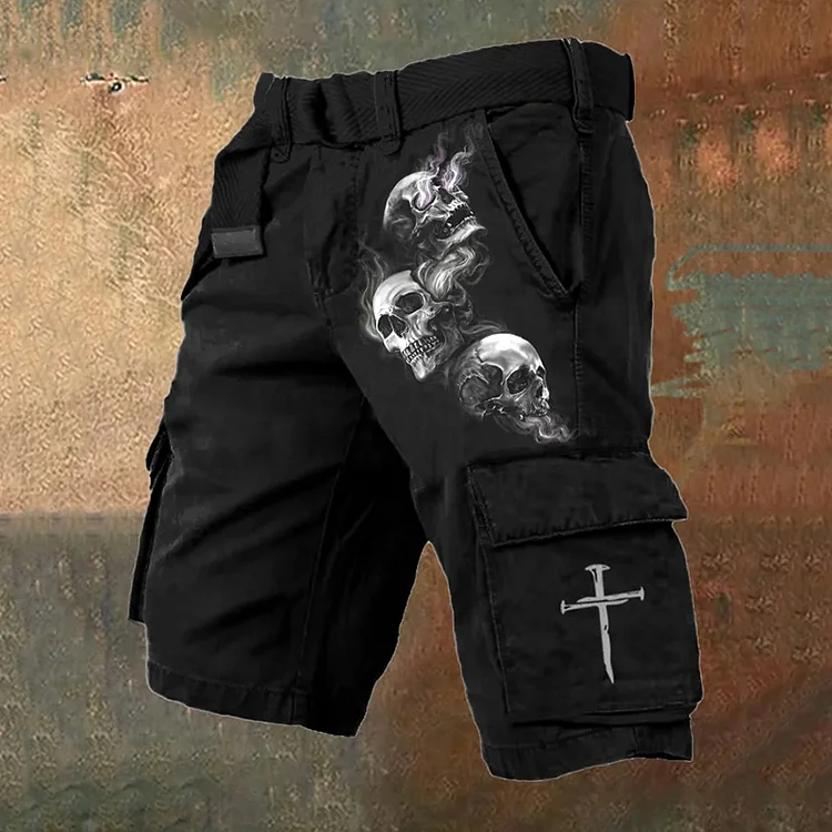 Men's Retro Dark Style Skull Print Work Shorts (Without Belt)