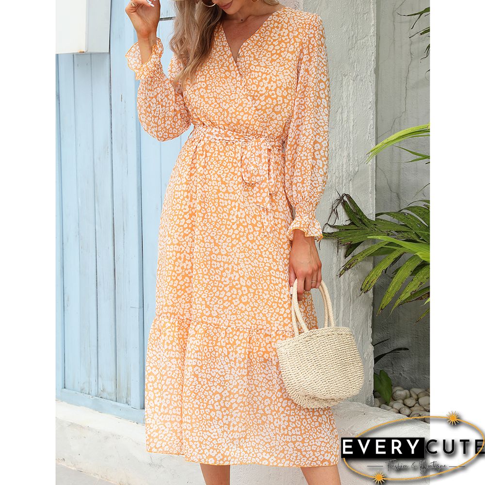 Yellow Floral Print V Neck Long Sleeve Swing Dress