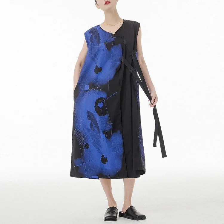 Fashion Contrast Color V-neck Asymmetrical Printed Patchwork Splicing Webbing Sleeveless Dress