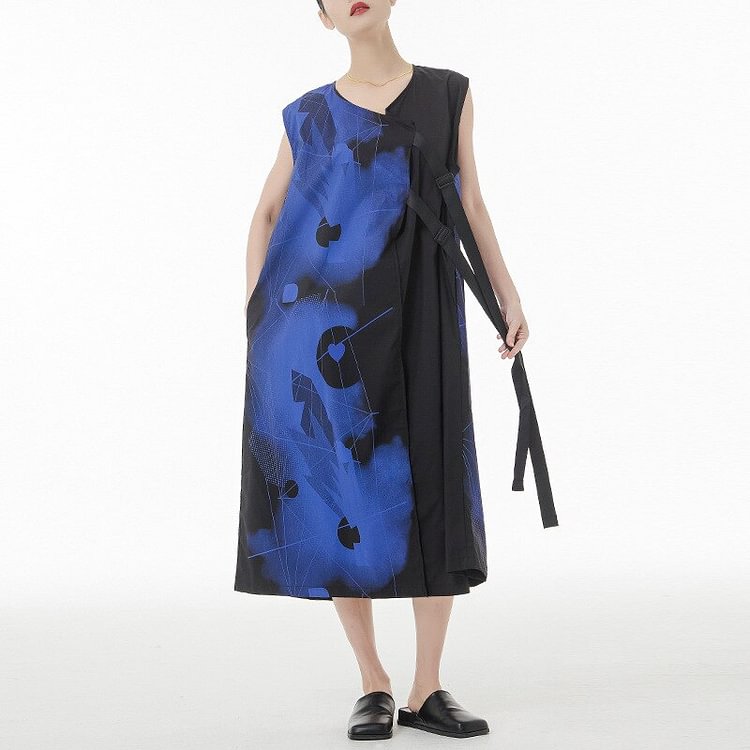 Fashion Contrast Color V-neck Asymmetrical Printed Patchwork Splicing Webbing Sleeveless Dress  