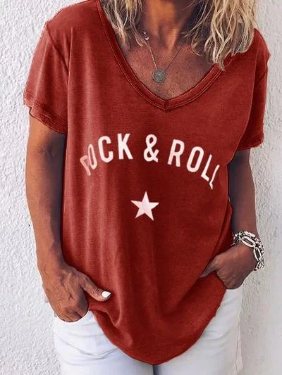 ROCK&ROLL Printed V Neck Casual T-shirt