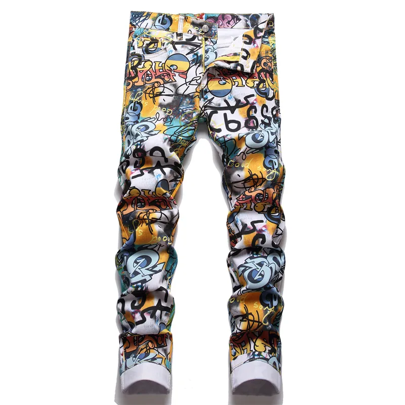 Slim Fit Stretch Men's Graffiti Printing Jeans Summer Street Flower Pants Fashion Casual Cotton Denim Trousers Pantalones