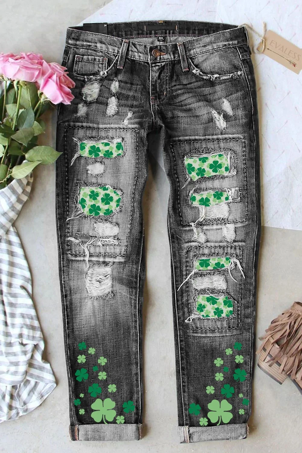 Saint Patrick's Day Clover Ripped Casual Jeans