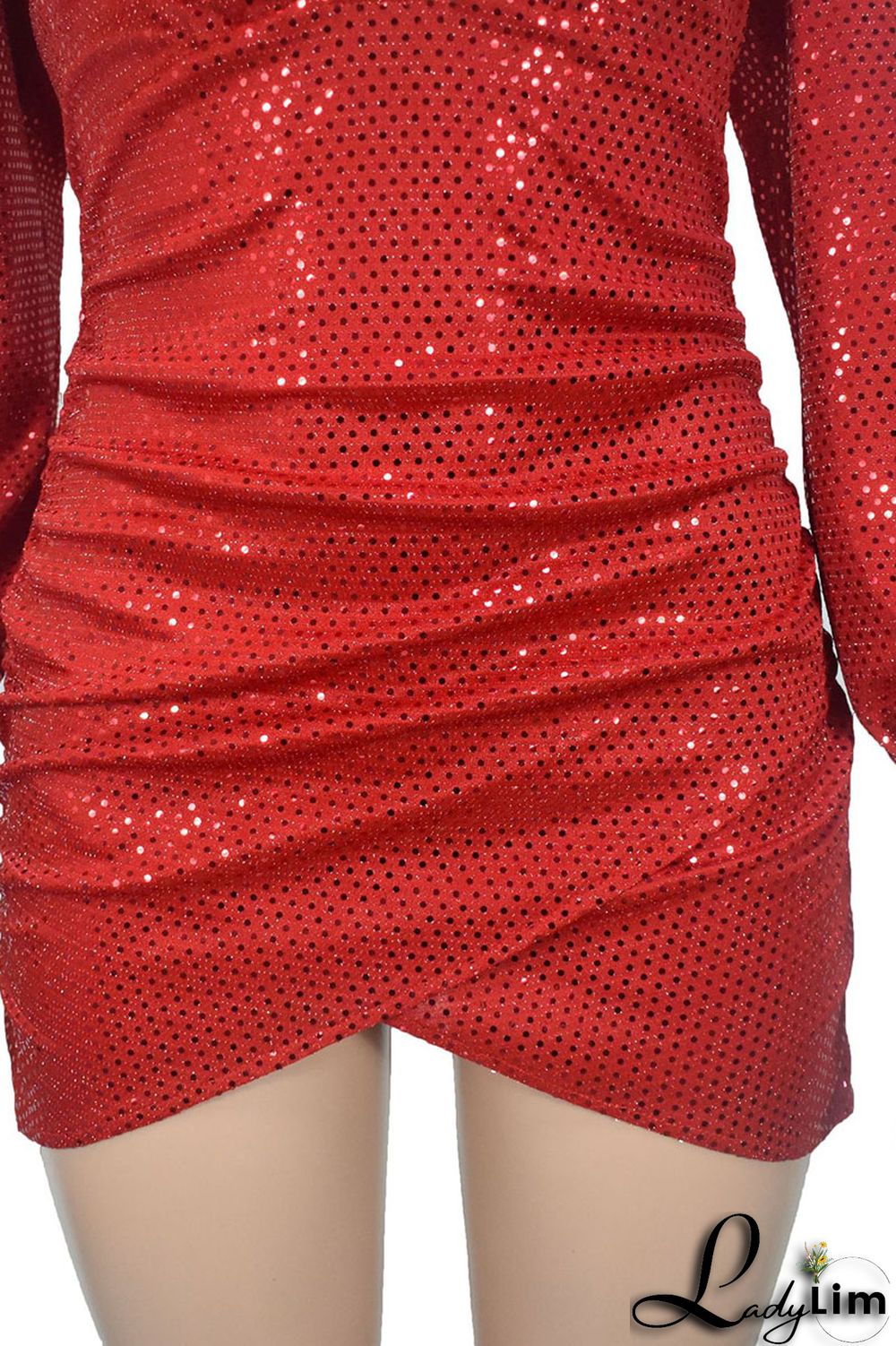 Red Sexy Solid Sequins Split Joint Asymmetrical V Neck One Step Skirt Dresses