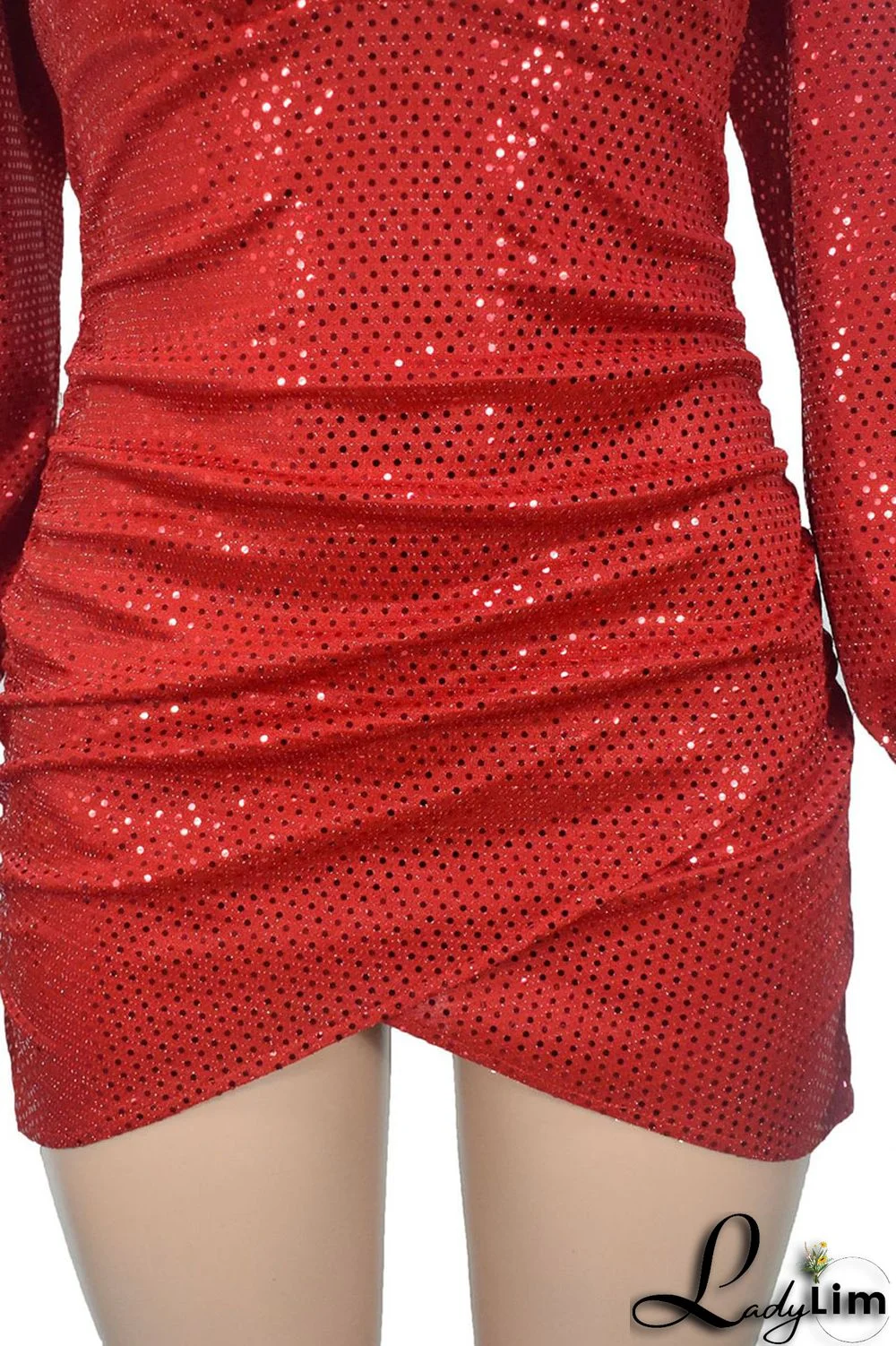 Red Sexy Solid Sequins Split Joint Asymmetrical V Neck One Step Skirt Dresses