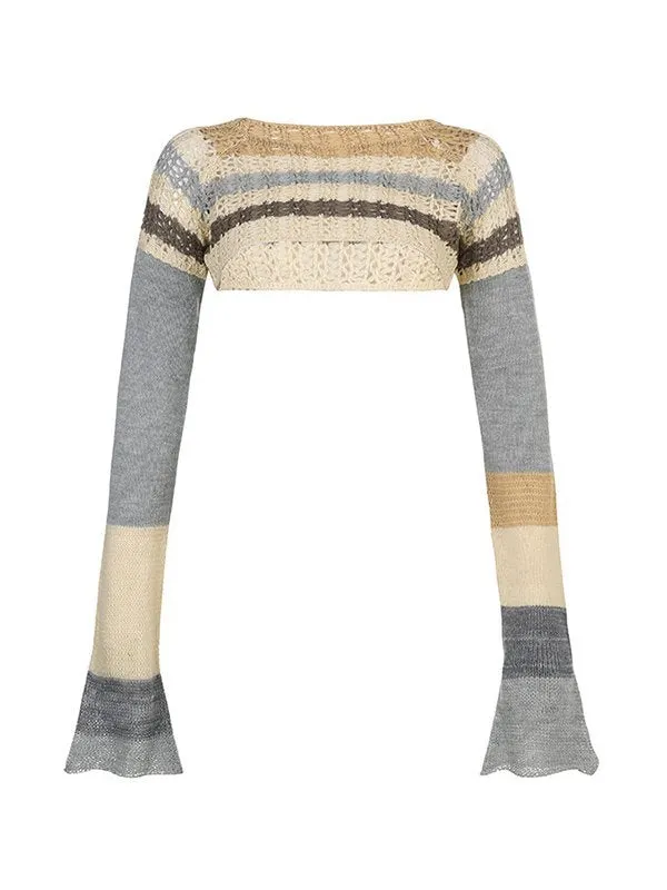 Brownm crop long sleeve crochet top with crochet pattern and stripes