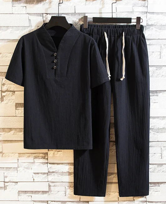 Vacation Linen V Neck Drawstring Shirt & Pant 2Pcs Set