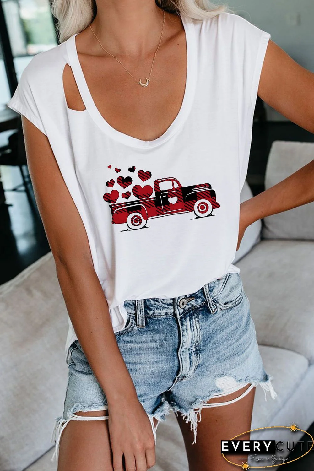 Valentine Buffalo Plaid Truck Print Cut out Tee