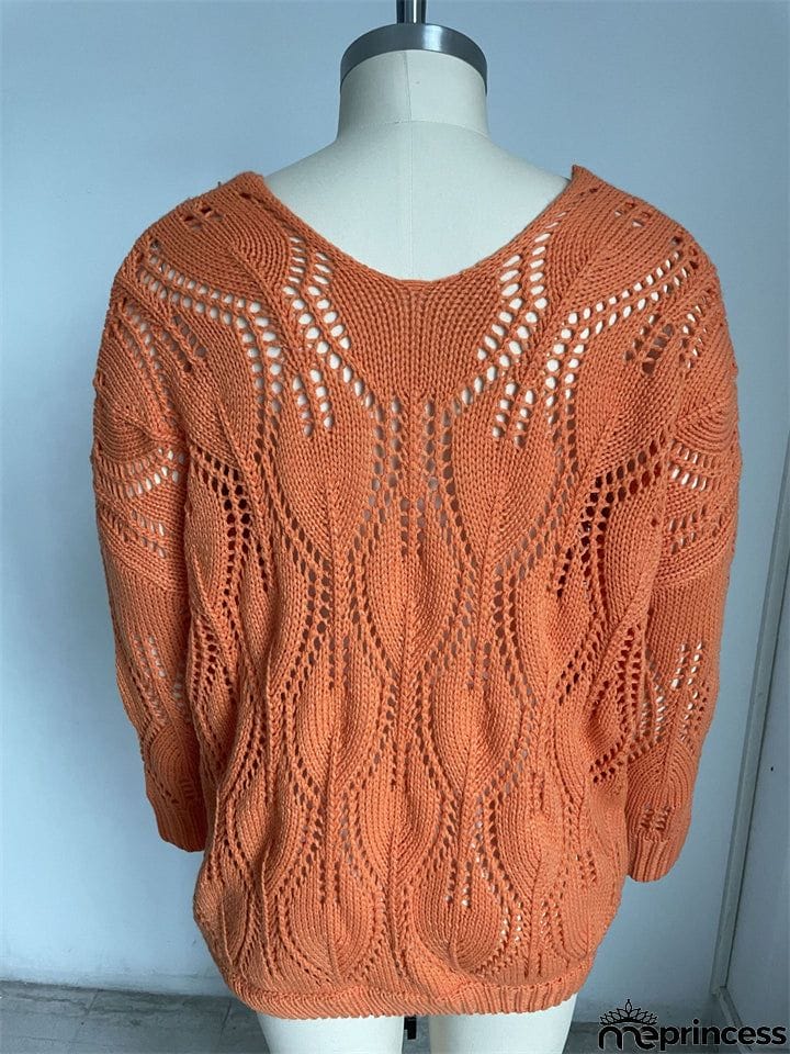 Fashion Hollow Design Casual Solid Color V-Neck Knitted Pullover Sweater