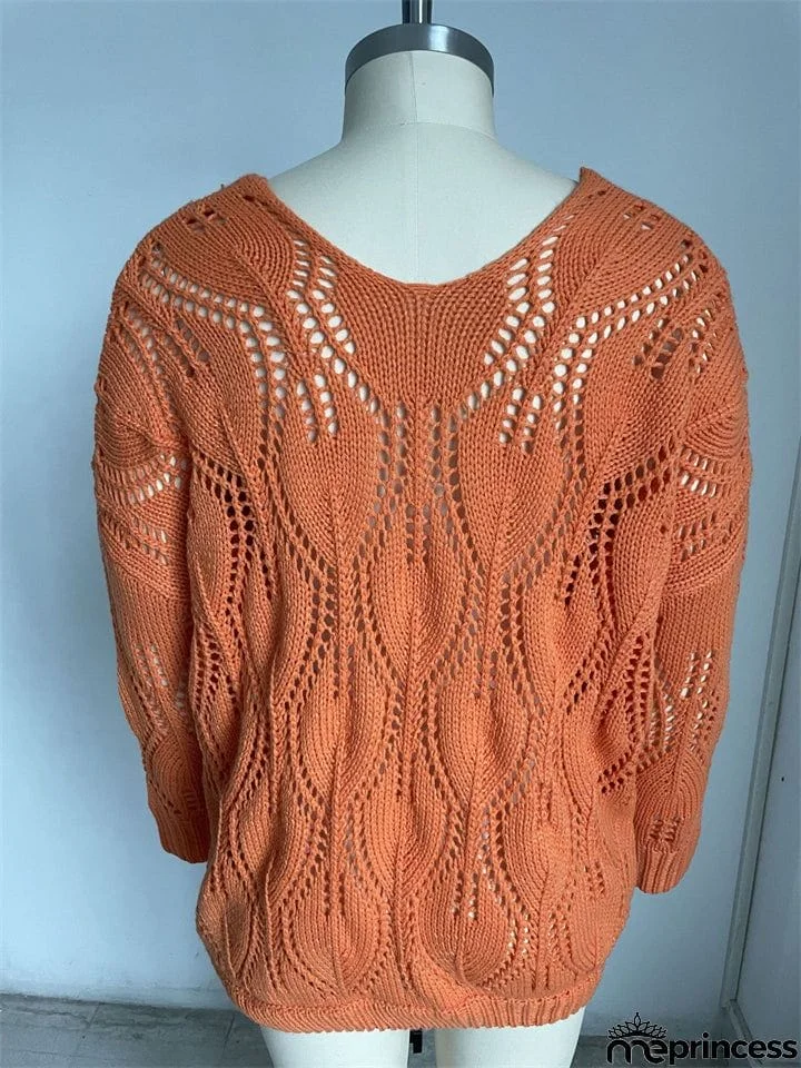 Fashion Hollow Design Casual Solid Color V-Neck Knitted Pullover Sweater