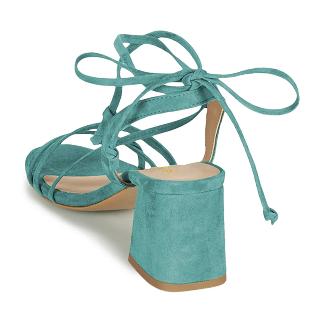 Faux Suede Round Toe Lace-Up Chunky Heel Sandals in Turquoise