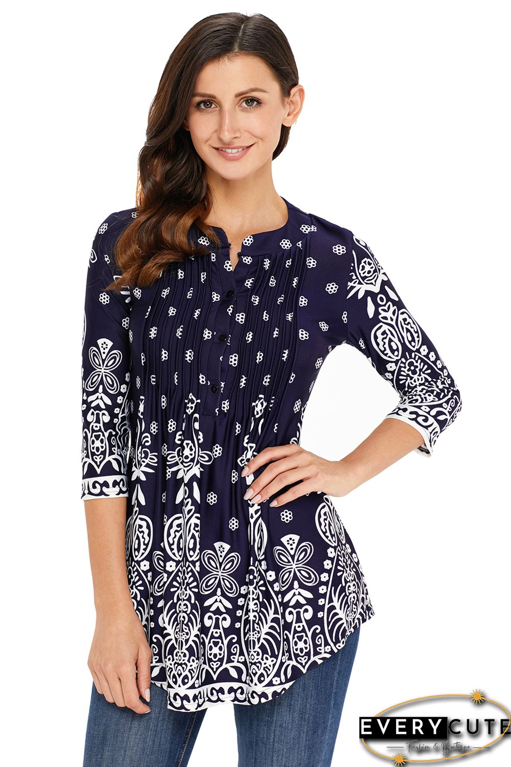Navy Blue Floral Notch Neck Pin-tuck Tunic